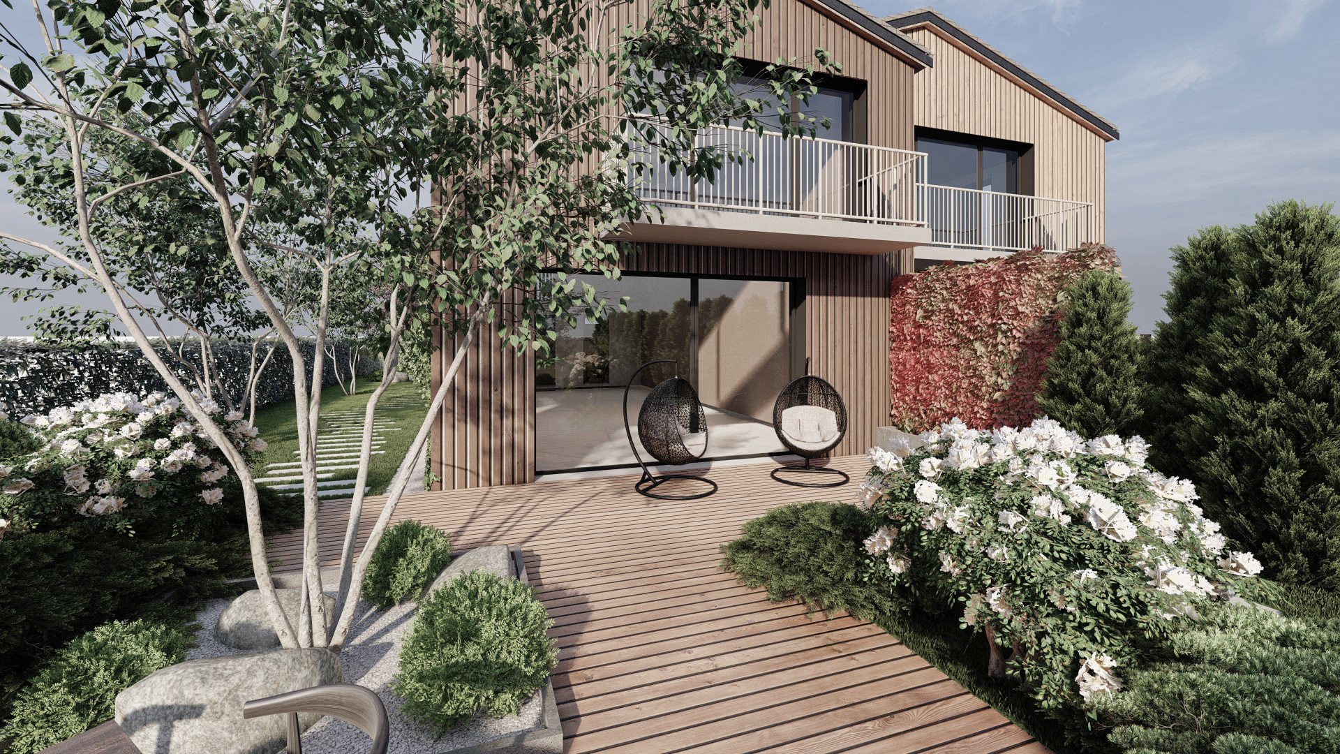Rendered courtyard garden with seating, flowering shrubs and a multi-stem tree, an Atelier Verte design study