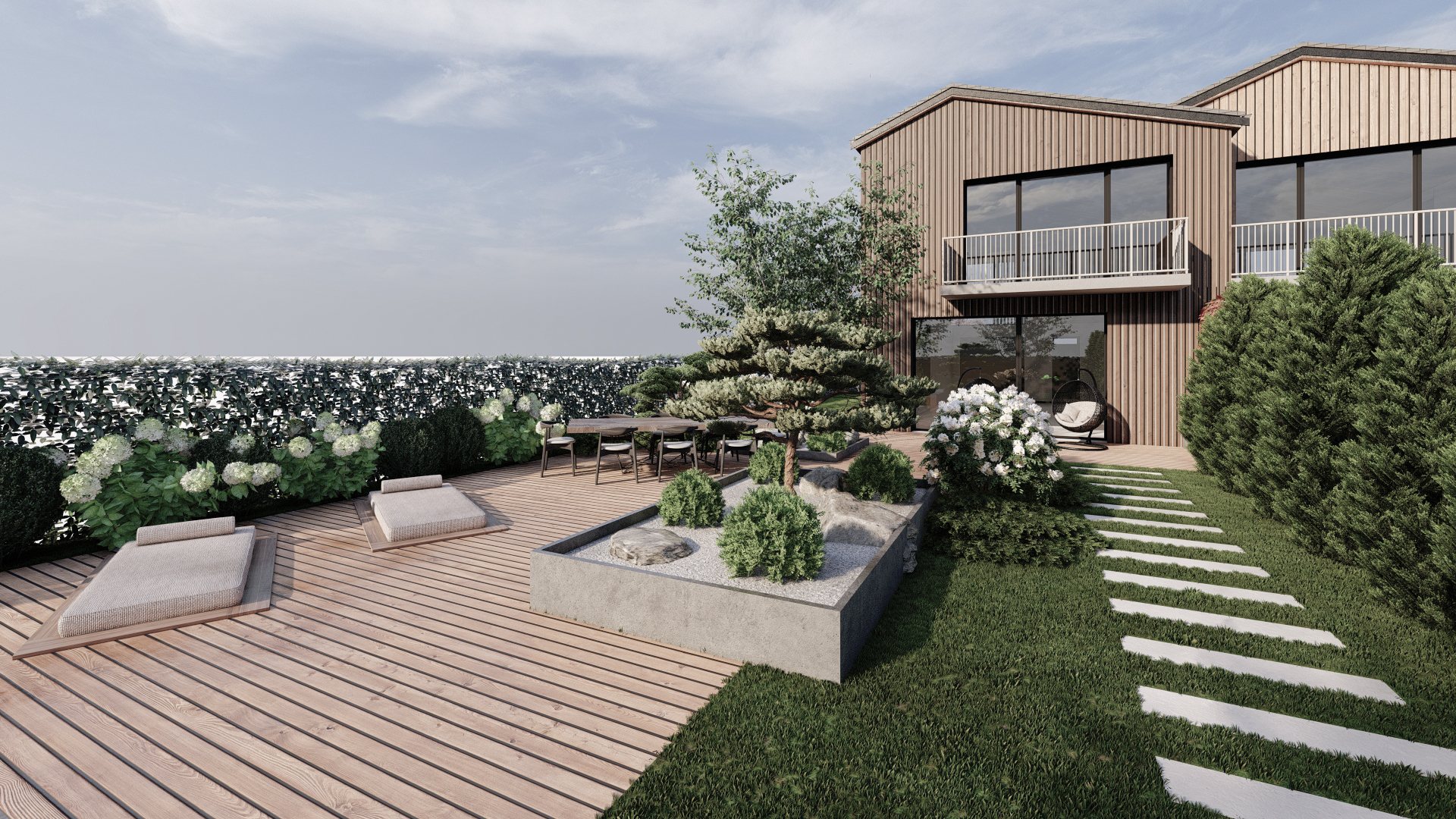 Photoreal render of a garden dining terrace with clipped hedges and stone paving, an Atelier Verte design study